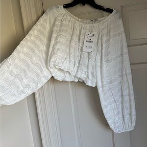 NWT ZARA ELASTIC BUBBLE WAIST CROP White Textured Blouse